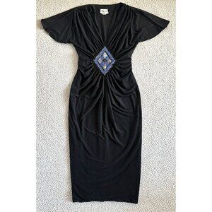 Vintage 70s I. Magnin Rimini Black Dress Beaded Diamond Midi Flutter